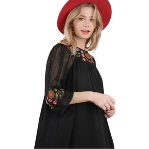 UMGEE Boho Chic Embroidered Floral Minu Babydoll Dress Sz S